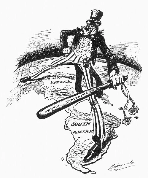A XIX Century cartoon, where Uncle Sam is holding a "Big Stick" (reference to "big stick diplomacy") and standing over the whole continent, from Alaska to Argentina. The stick reads "Monroe Doctrine".